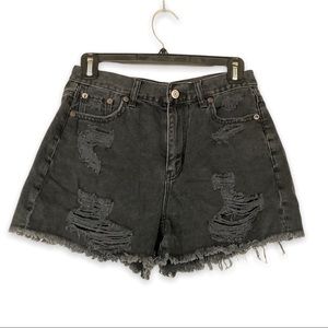 SOLD| American Eagle | Washed Black Frayed Hem Distressed Mom Jean Short | 0